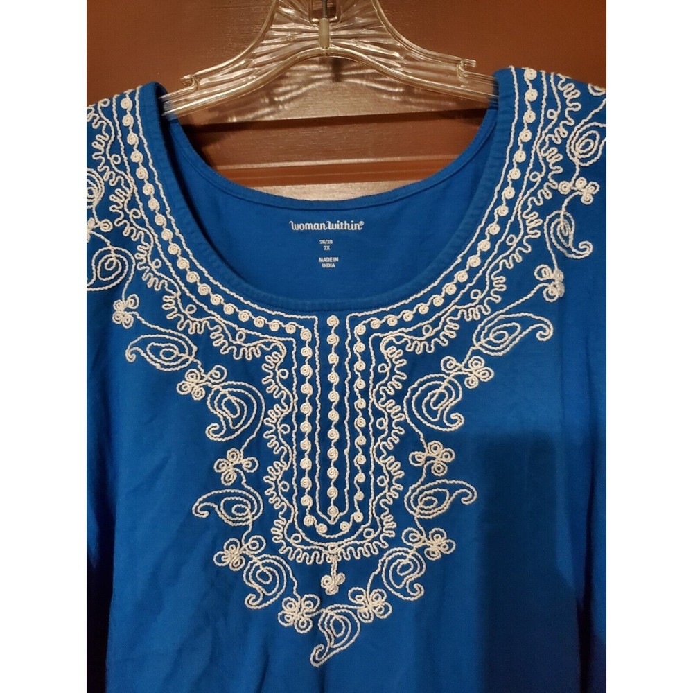 Woman Within Top Women Plus Size 2XL 26/28 Blue Embroidery Tunic - Picture 3 of 5